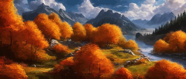 Autumn landscape with trees mountains rural landscape autumn background illustration beautiful