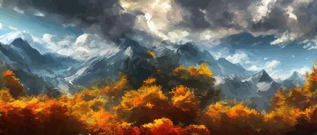 Осенний пейзаж с деревьями горы сельский пейзаж осенний фон иллюстрация красивая