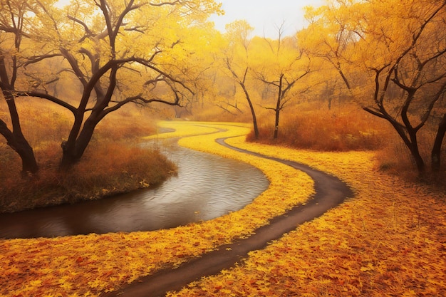 公園内の黄色い木々や川のある秋の風景