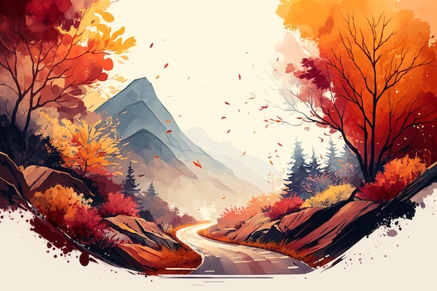 Autumn landscape Yellowred trees rural road and mountains Generative ai illustration