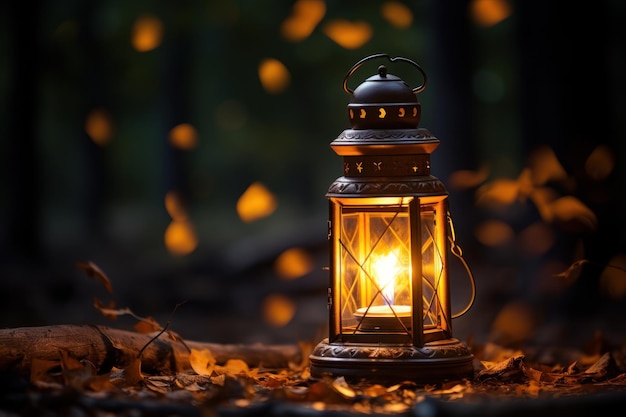 Autumn lantern on wooden table Copy space Generative AI