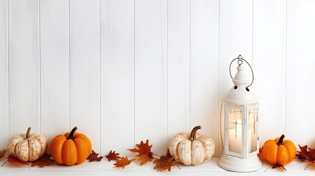 Autumn layout with pumpkins and lantern on a white wooden background