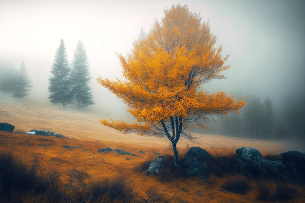 Autumn leaf fall and yellowed tree in forest