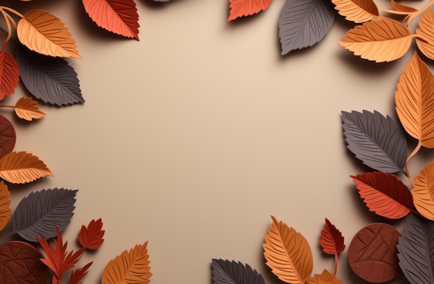 Autumn Leaf Frame on Beige Background with Brown Leaves AI Generated