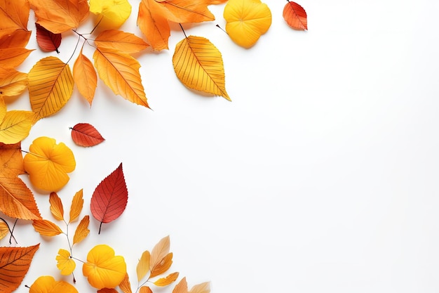 Autumn leaf frame on white background flat lay top view empty space