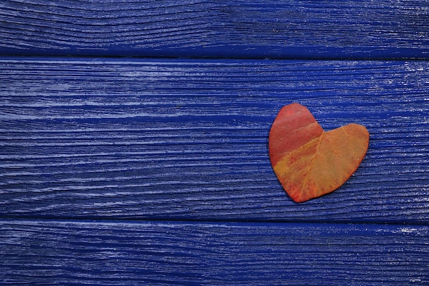 Autumn leaf like a heart on blue wooden background