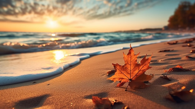 Photo autumn leaf on the sand beautiful cloudscape over the sea