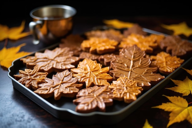 Autumn leaf shaped cookies on a silver tray