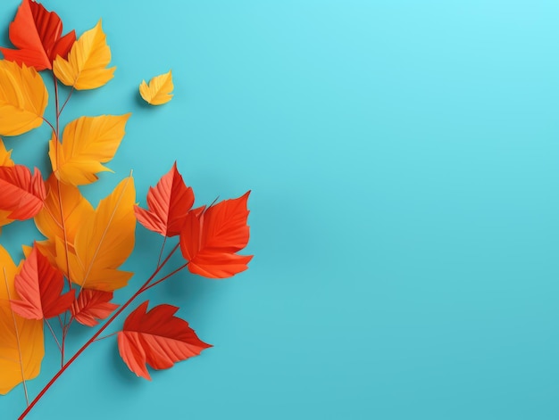 Autumn leafs on orange background flat layout light red and light turquoise