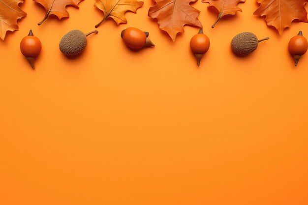 Photo autumn leaves and acorns adorn an orange background evoking thanksgiving vibes