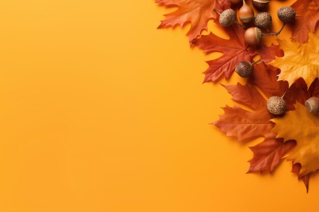 Autumn leaves and acorns on orange background with copy space