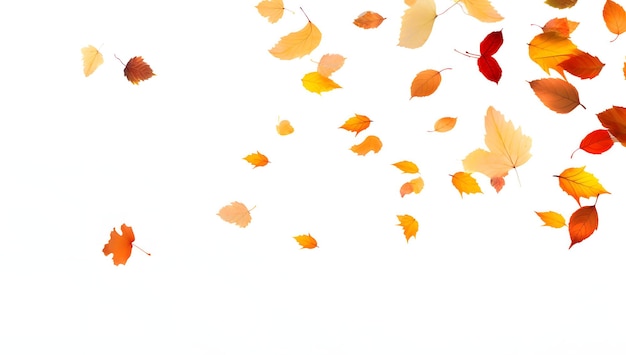 Foto le foglie di autunno stanno cadendo fondo bianco volante isolato