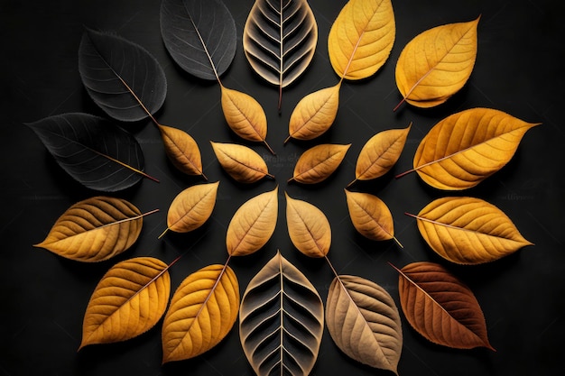 autumn leaves arranged one by one separately isolated black background