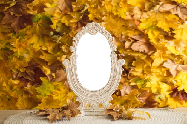 Autumn leaves background mockup with blank canvas