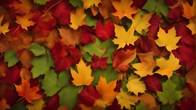 Autumn leaves background Red orange green yellow leaves on a green background