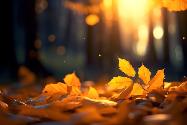 Autumn leaves background Yellow golden orange maple leaf over blurred texture with copy space