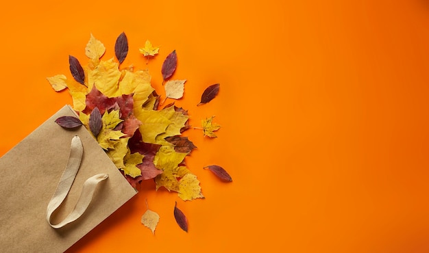 Photo autumn leaves in a bag on an orange