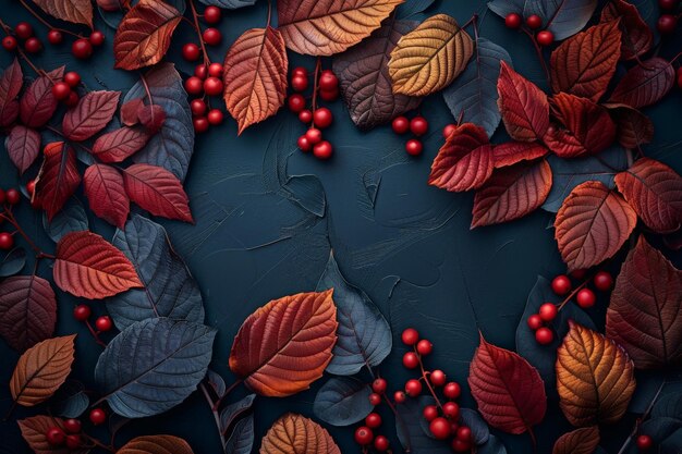 Photo autumn leaves and berries lie on a dark decorative surface a luxurious xaautumn background for greeting cards calendars banners free space for text