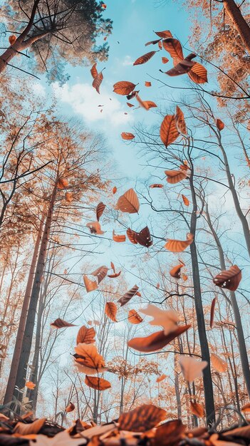 Photo autumn leaves blown by the wind sunny day