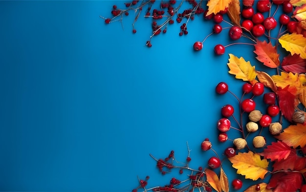 Autumn leaves on a blue background with red berries and yellow leaves