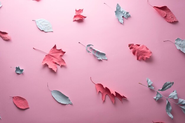 Autumn leaves blue pink creative pattern paint