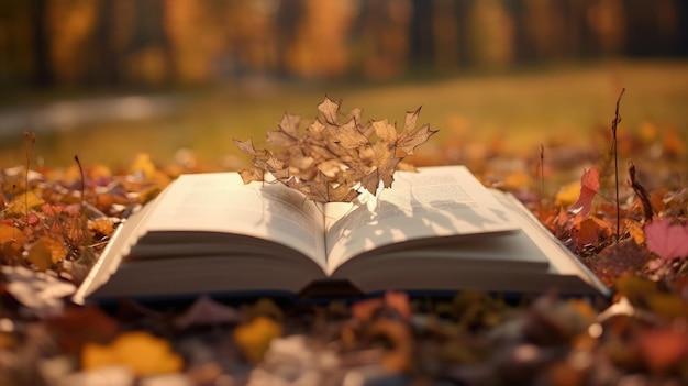 Autumn leaves on book