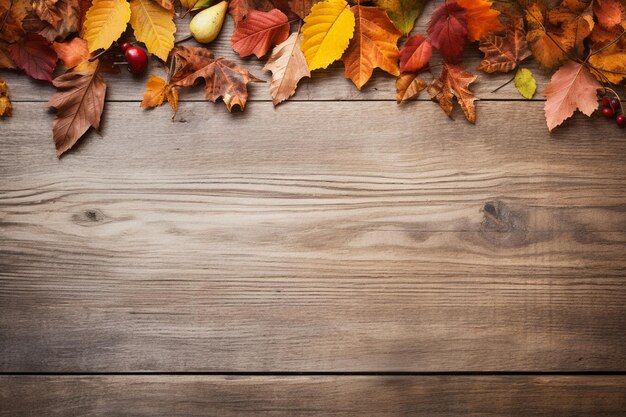 Autumn Leaves Border on Rustic Wooden Table