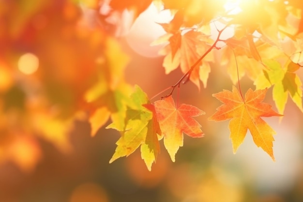 Autumn leaves on a branch with the sun shining on them