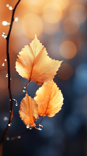 autumn leaves on a branch with water droplets