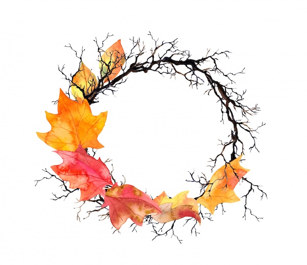 Autumn leaves, branches. Watercolor autumn border wreath