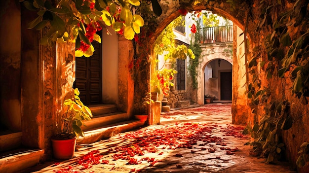 Autumn leaves carpeting the path of a sunkissed mediterranean courtyard in tranquil repose