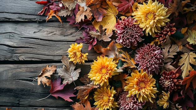 Photo autumn leaves and chrysanthemums flat lay