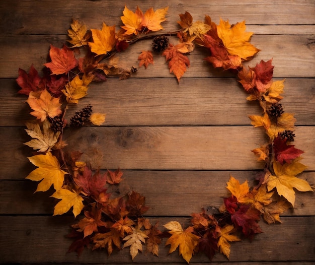 Autumn leaves circle on wooden background with copy space for your text