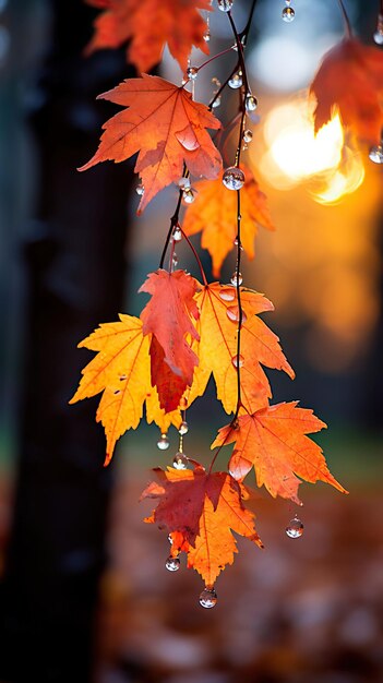 autumn leaves close up with rain drops during morning