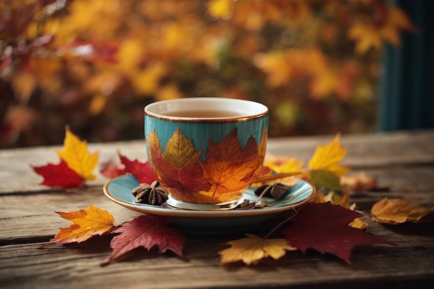 Autumn leaves and cup of tea on wooden table