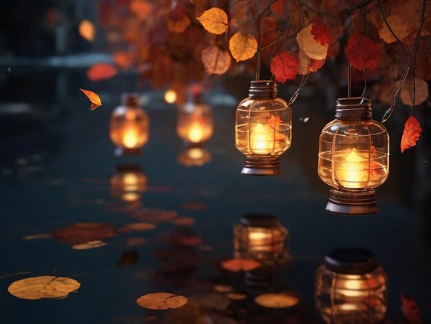 Autumn leaves fall reflecting lanterns in water generated by AI