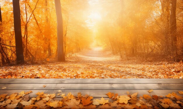 autumn leaves fall on wooden table