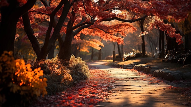 紅葉が落ちたさまざまな花が咲く秋の小道
