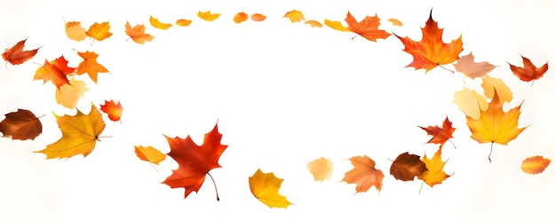 배경에 고립된 바람에 의해 떨어지고 날아가는 가을 낙엽들
