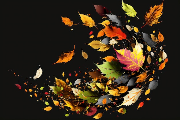 Autumn leaves falling isolated black background