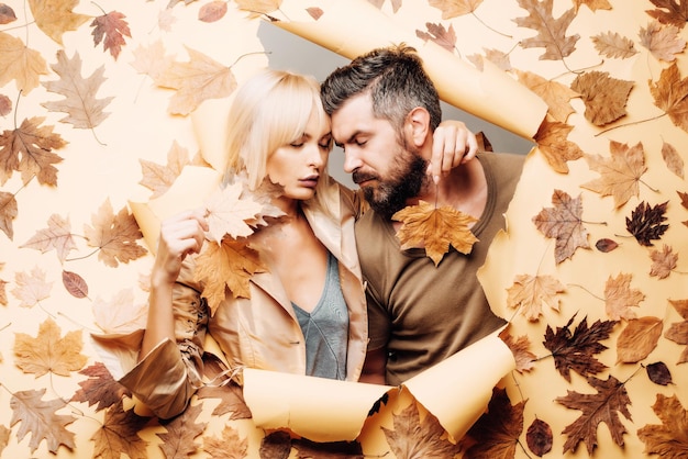 Autumn Leaves Festival. Online advertising. Happy loving couple. Black friday shopping. Autumn sale or black friday. I love you very much. Hello Autumn and Autumn Dreams. Place for your text.