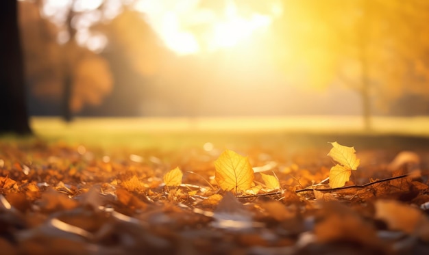 autumn leaves in field with a beautiful afternoon light behind