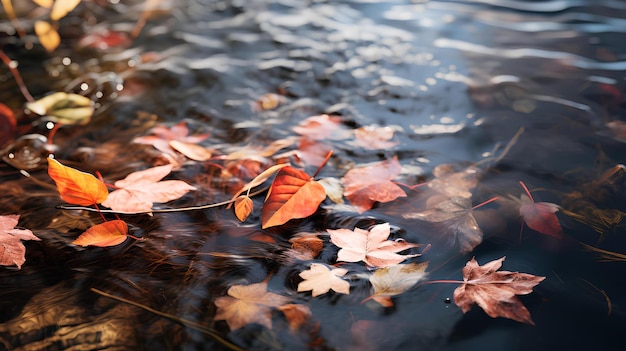 秋の葉が水面に浮かんでいる