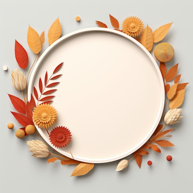 Autumn leaves and flowers in a circle on a gray background