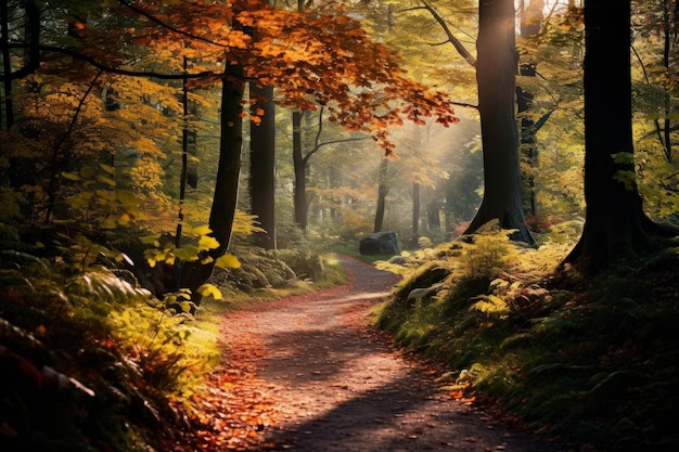 Autumn leaves on a forest path with dappled sunlight
