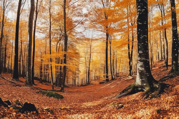 森の道の秋の葉が9月の秋の背景に落ちる