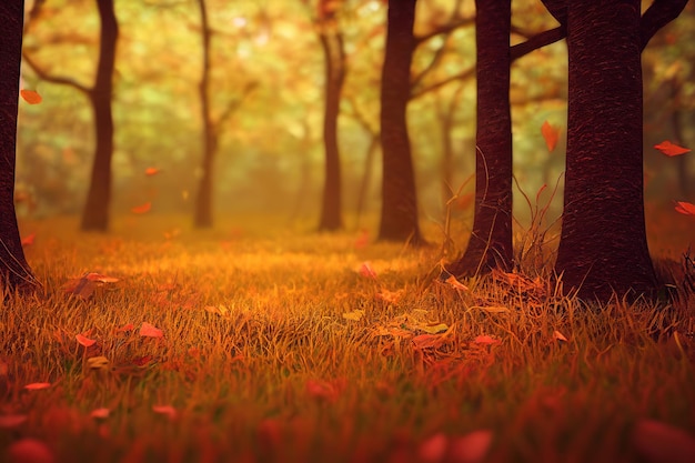 Осенние листья лесной дороги падают в пейзаж на осеннем фоне 3d рендеринг