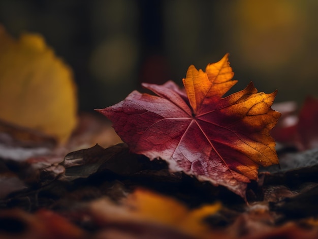 Autumn leaves in the forest at sunset selective focus background