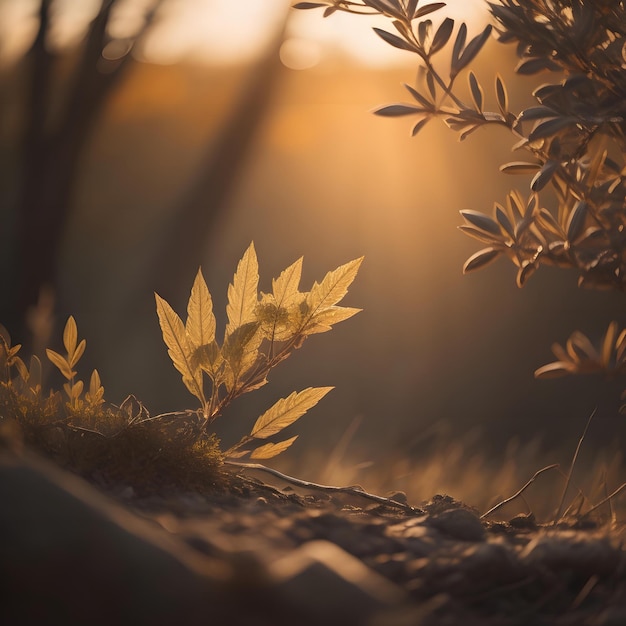 Autumn leaves in the forest at sunset Shallow depth of field generative ai