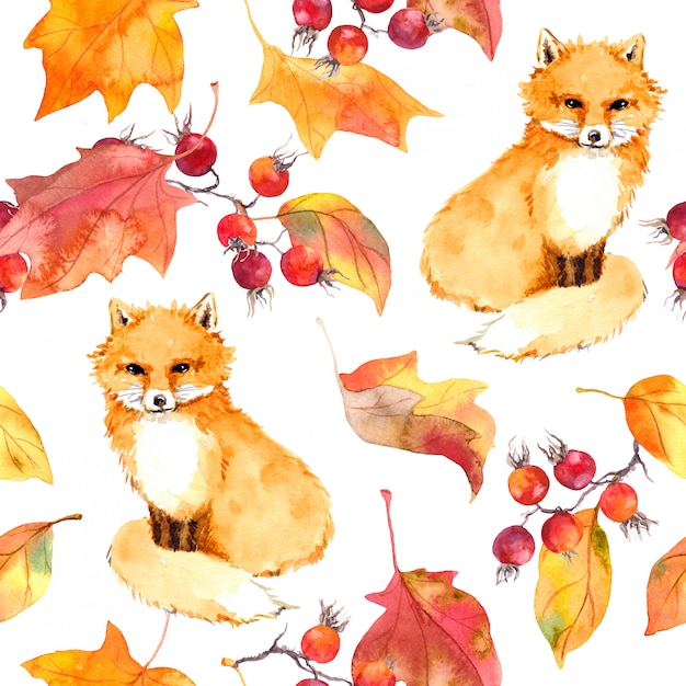 Autumn leaves and fox animal. Seamless autumn pattern. Watercolor